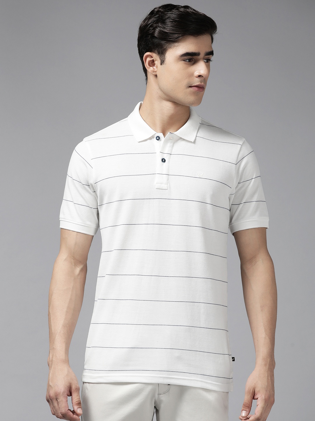 

Blackberrys Men White & Navy Blue Striped Polo Collar T-shirt