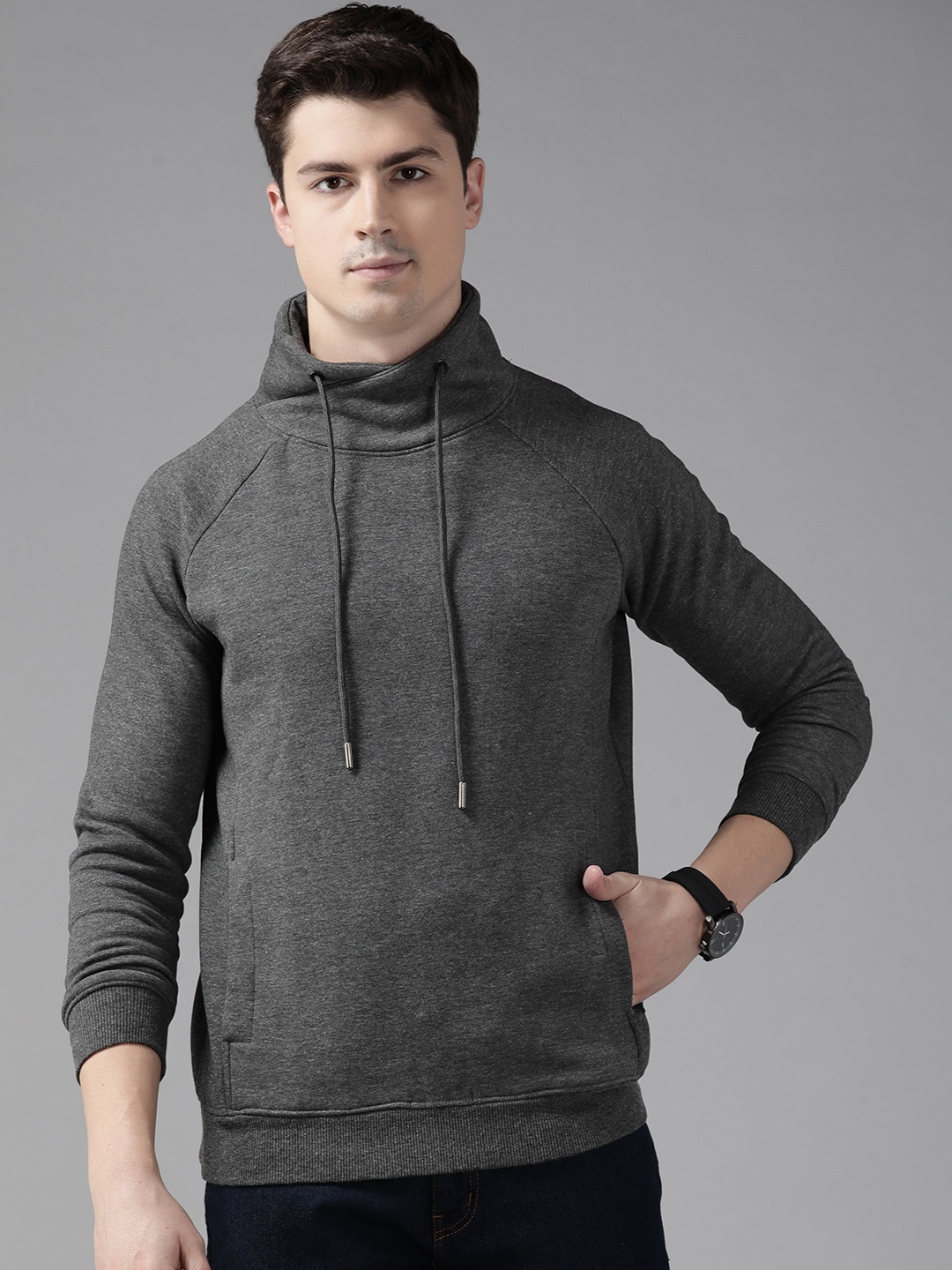 

Blackberrys Men Solid Turtle Neck Insert Pockets Sweatshirt, Grey