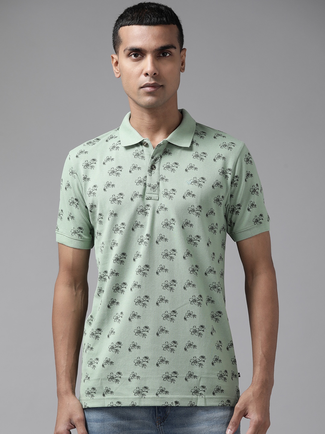 

Blackberrys Men Green & Black Floral Printed Polo Collar T-shirt