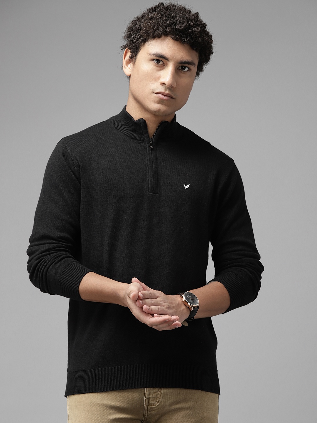 

Blackberrys Men Black Cotton Half-Zipper Pullover