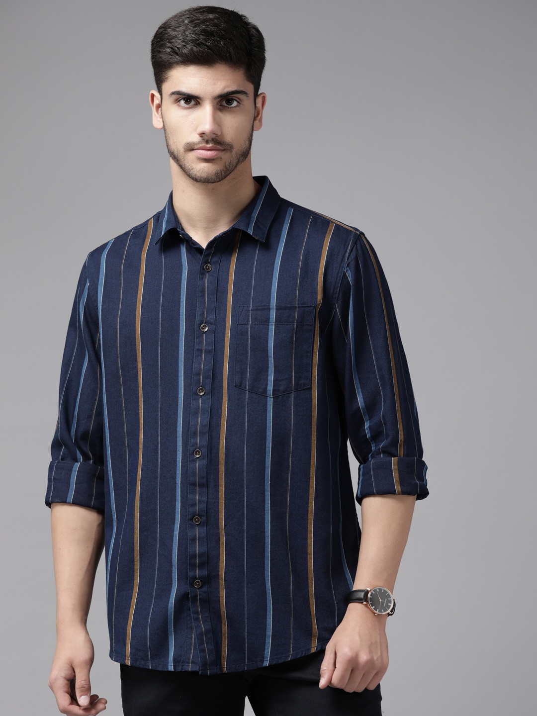 

Blackberrys Pure Cotton Slim Fit Opaque Striped Casual Shirt, Navy blue
