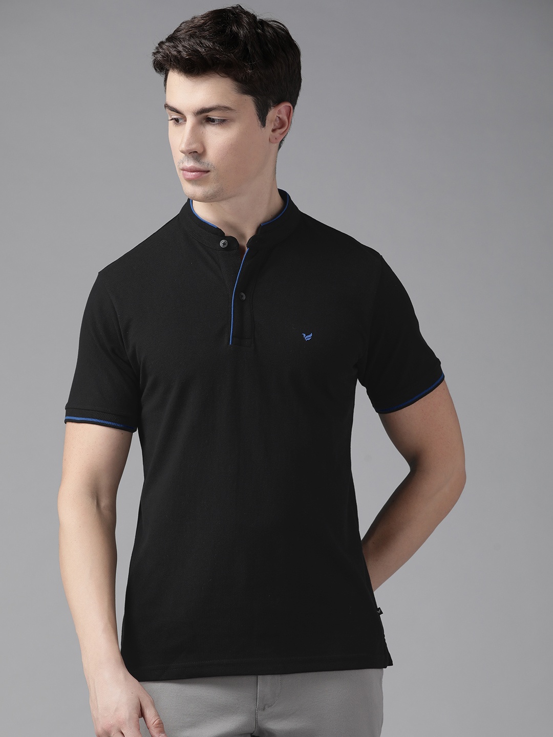 

Blackberrys Men Solid Mandarin Collar Anti bacterial Technology T-shirt, Black