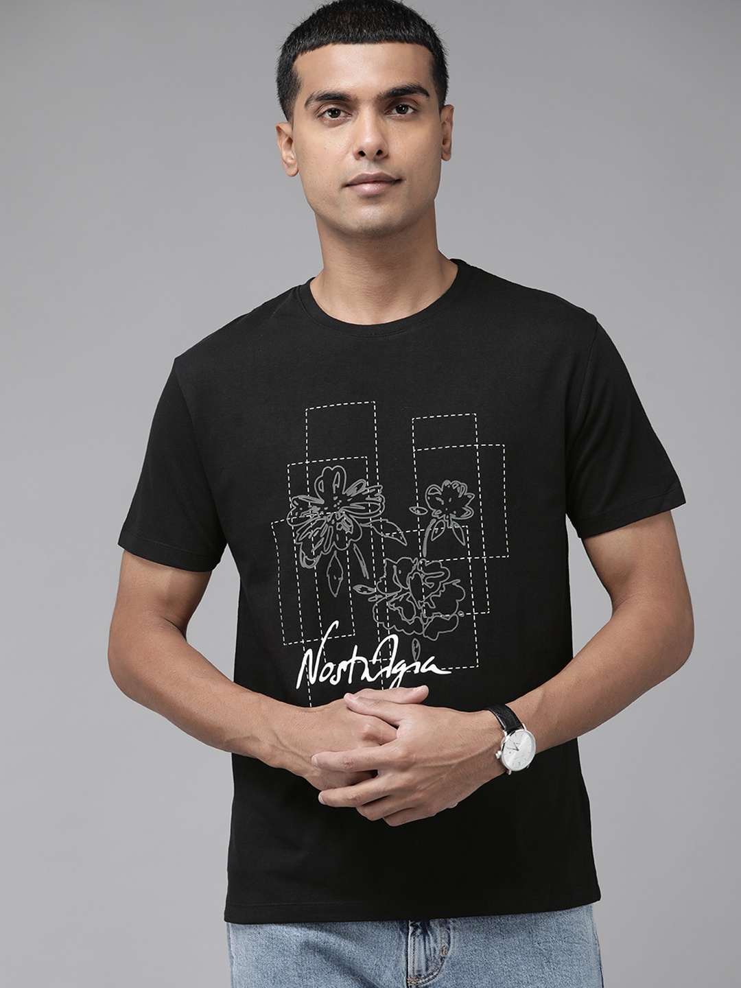 

Blackberrys Men Black & White Printed Pure Cotton Slim Fit T-shirt