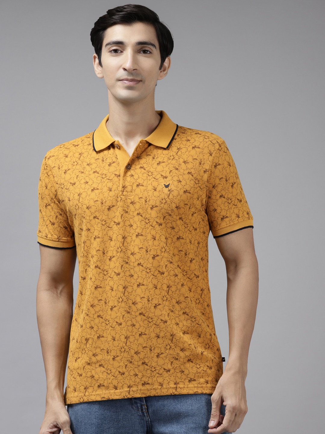 Blackberrys Men Mustard Yellow & Black Floral Printed Polo Collar T-shirt