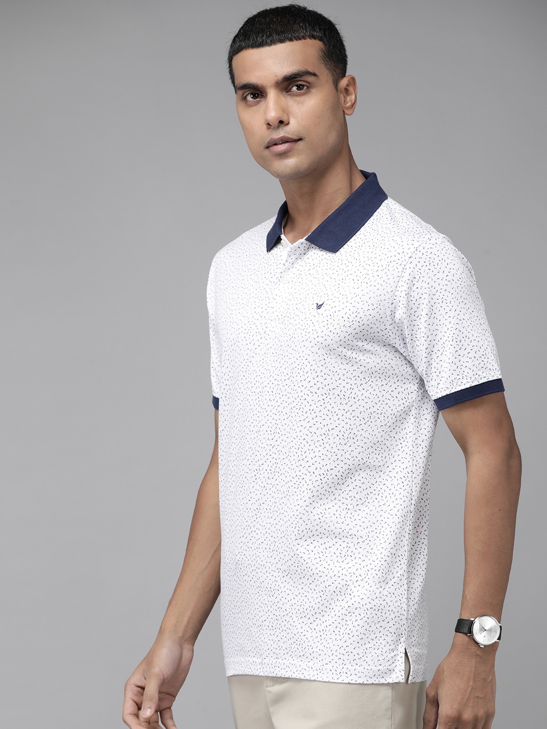 

Blackberrys Men White & Navy Blue Abstract Printed Polo Collar Pure Cotton T-shirt
