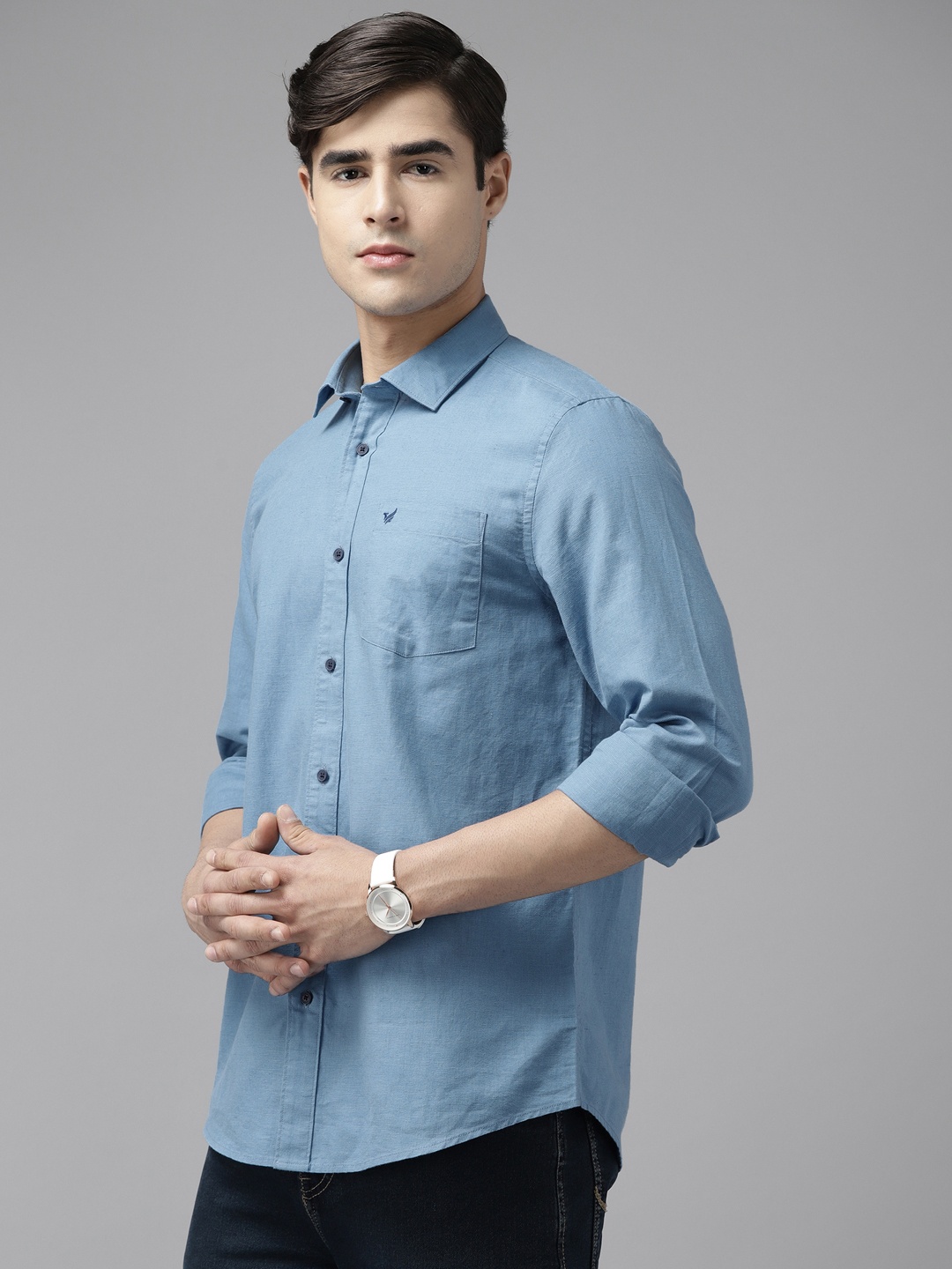 

Blackberrys Men Blue Cotton Linen Slim Fit Casual Shirt