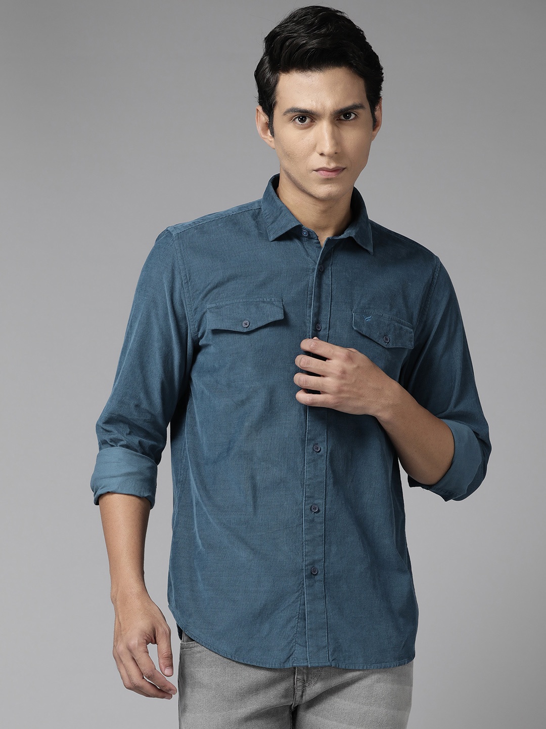 

Blackberrys Men Pure Cotton Slim Fit Corduroy Casual Shirt, Teal