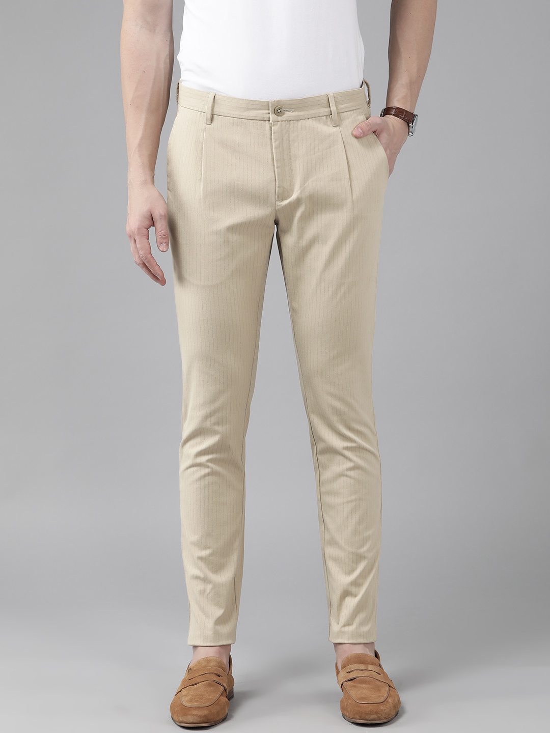 

Blackberrys Men Striped Skinny Fit Pleated Trousers, Beige