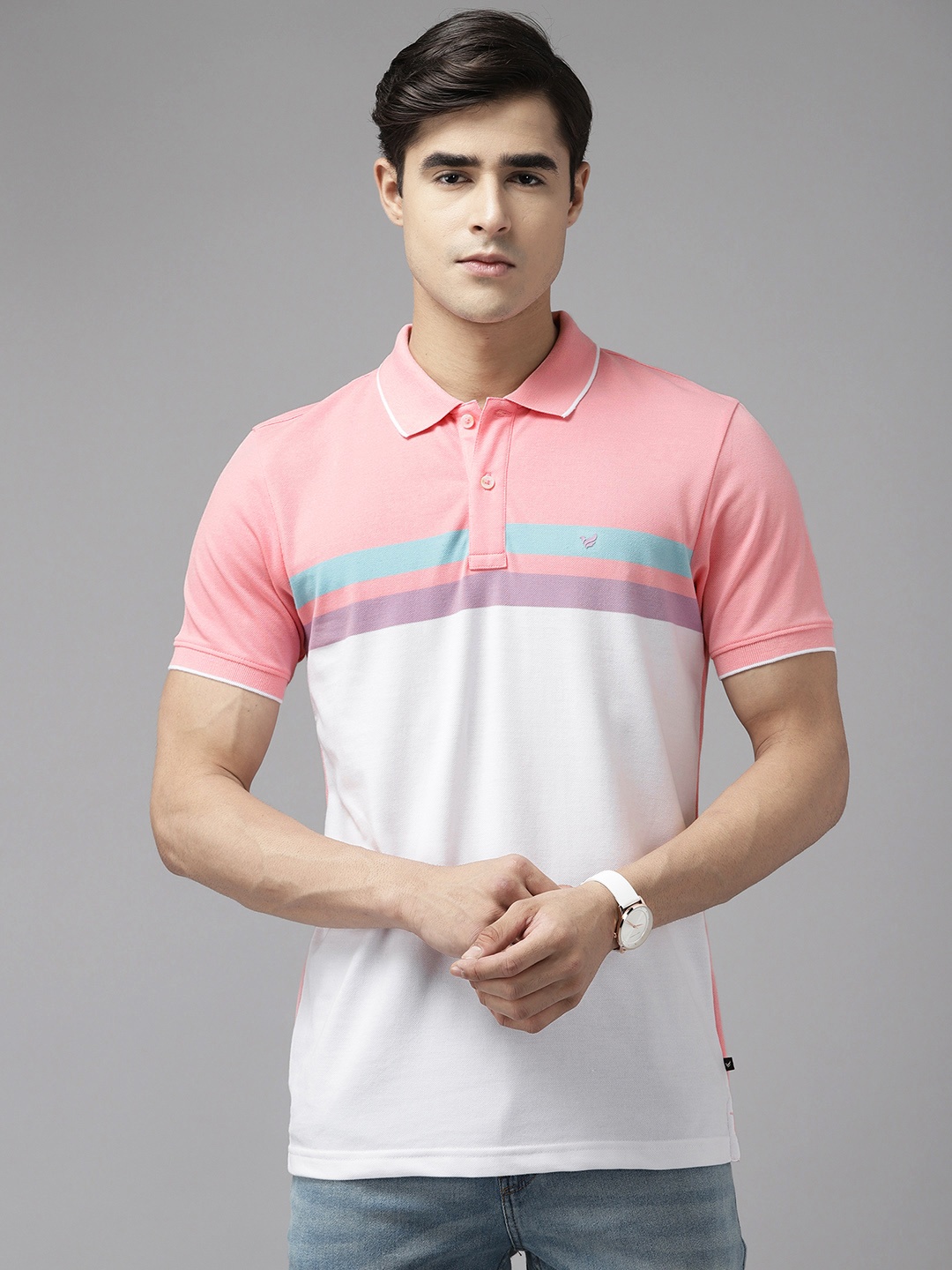 

Blackberrys Men Pink & White Colourblocked Polo Collar T-shirt