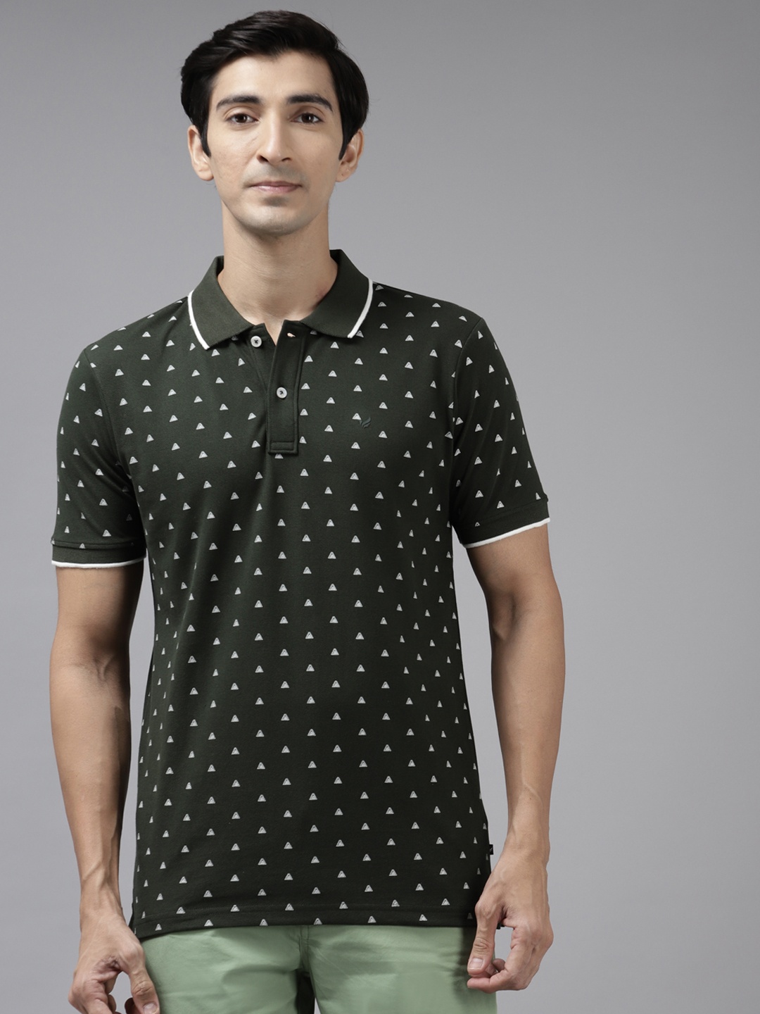 Blackberrys Men Olive Green & White Printed Polo Collar T-shirt