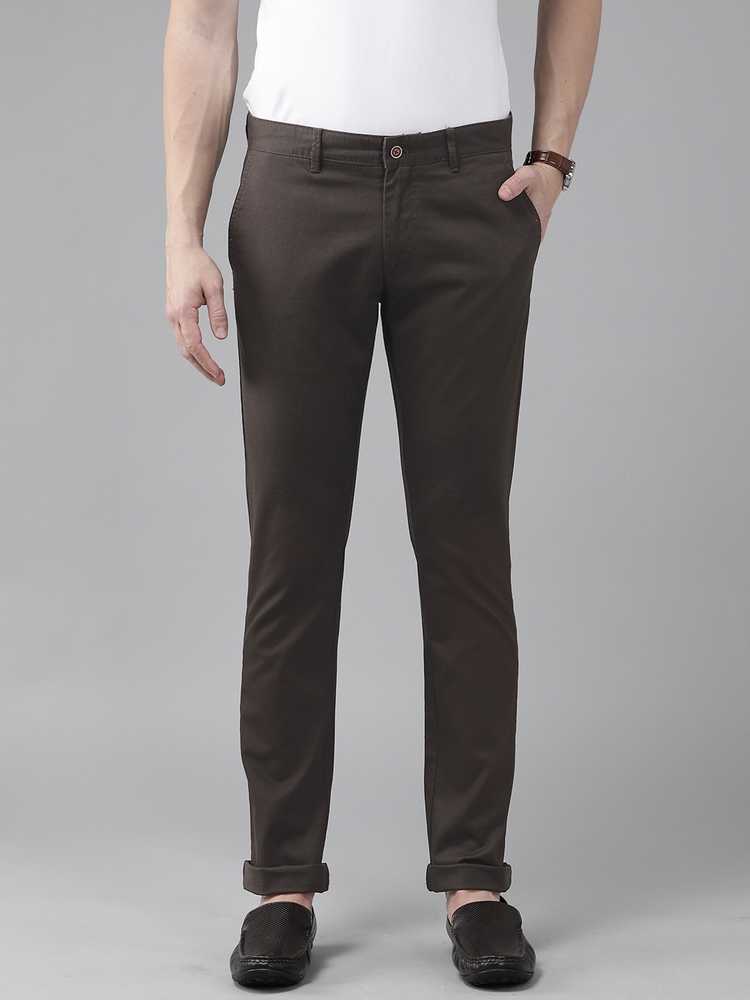 

Blackberrys Men Textured Slim Fit Trousers, Coffee brown