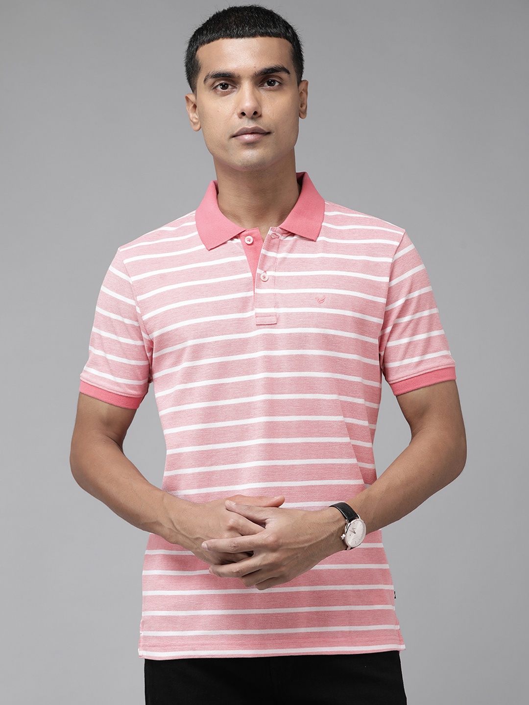 

Blackberrys Men Pink & White Striped Polo Collar T-shirt