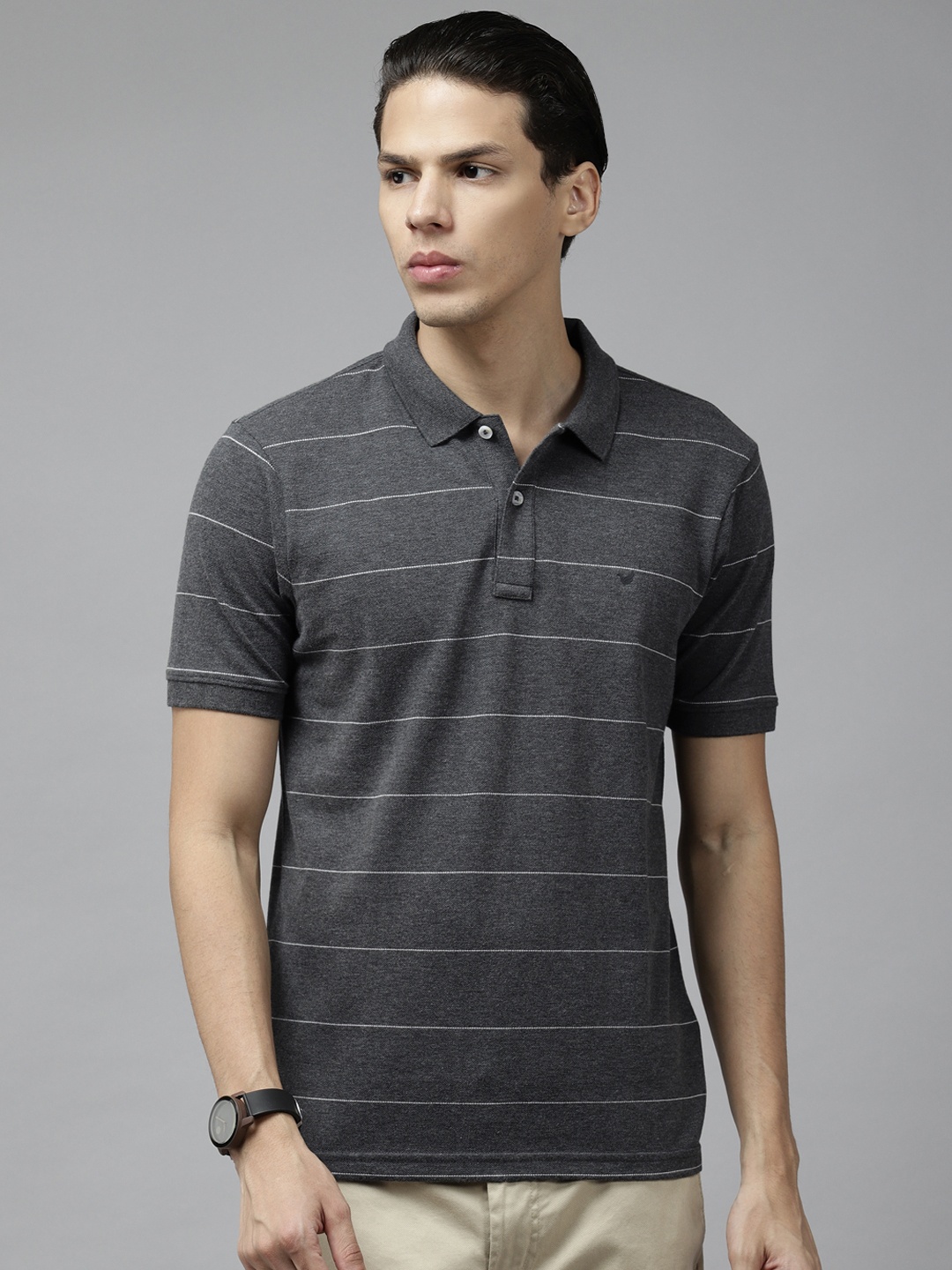 

Blackberrys Men Charcoal Grey & White Striped Polo Collar T-shirt