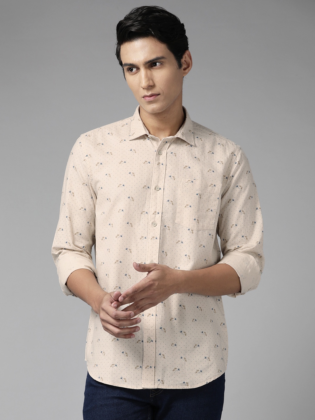 

Blackberrys Men Cotton Linen Casuale Slim Fit Floral Printed Casual Shirt, Beige