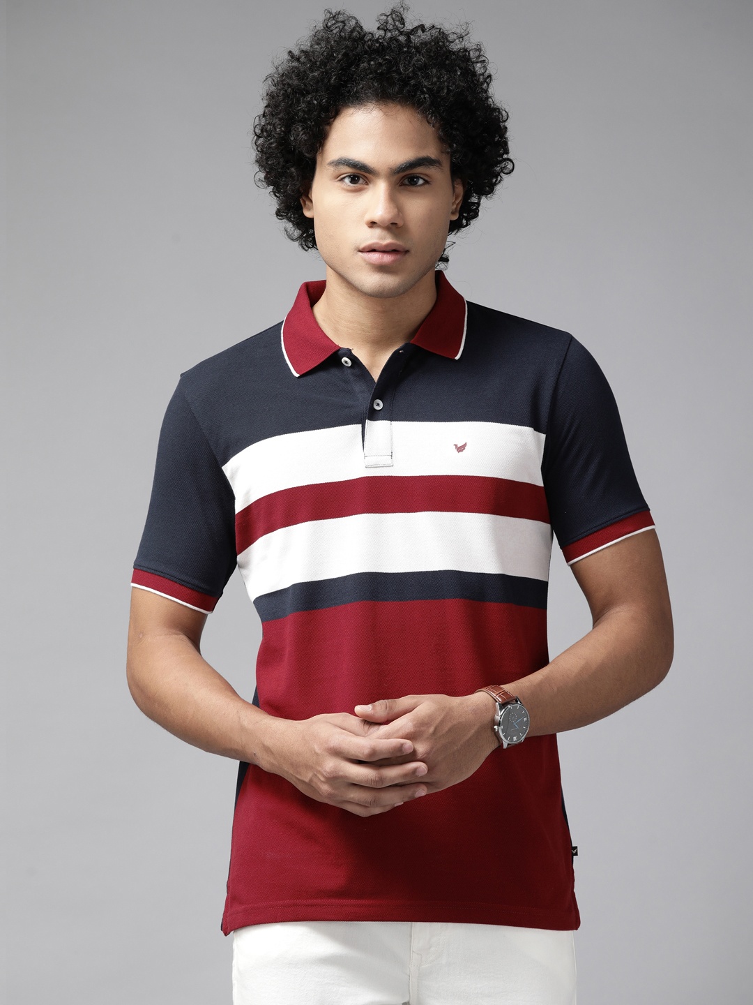 

Blackberrys Men Maroon & Navy Blue Striped Polo Collar T-shirt