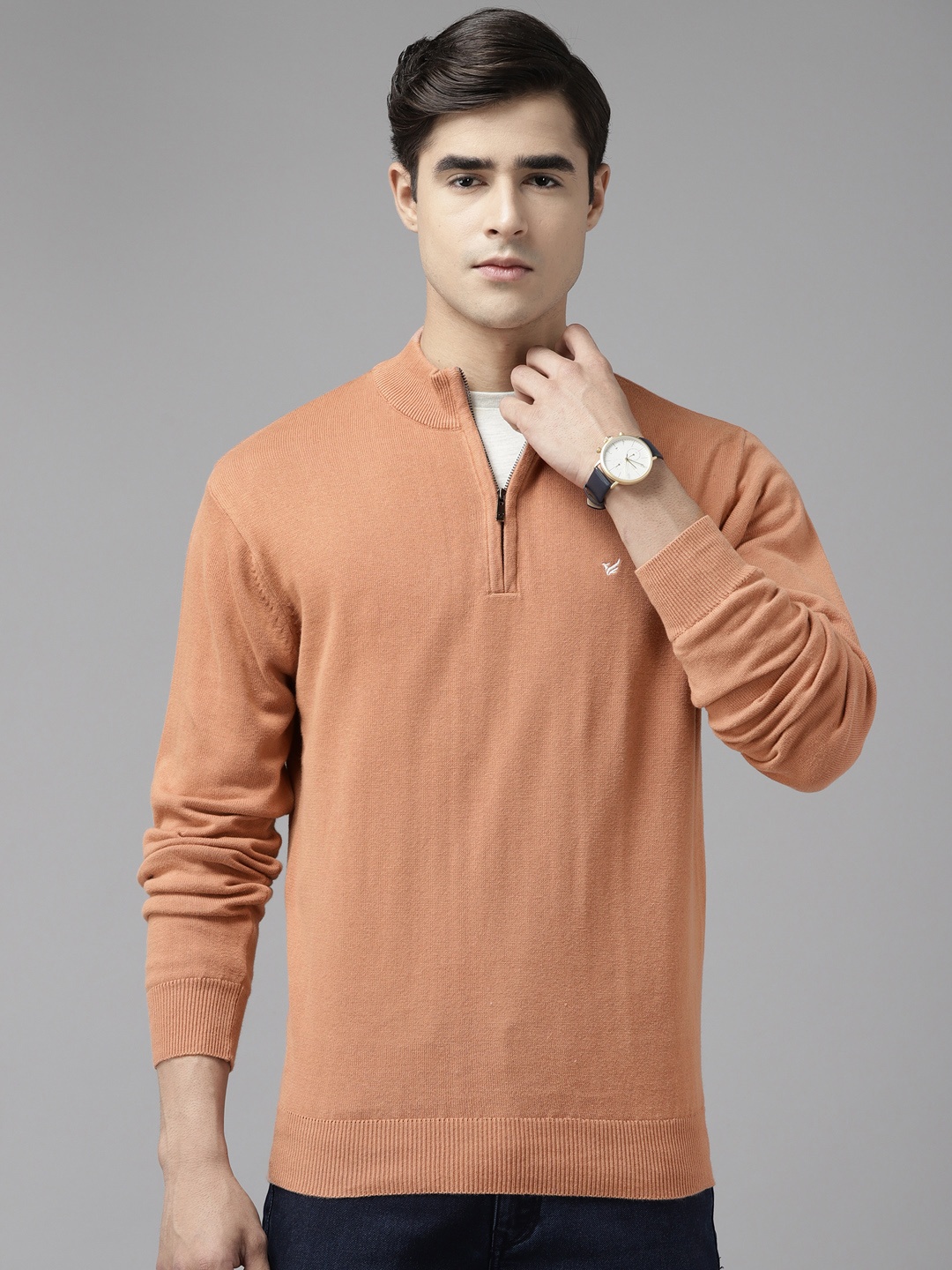 

Blackberrys Men Beige Cotton Half-Zipper Pullover