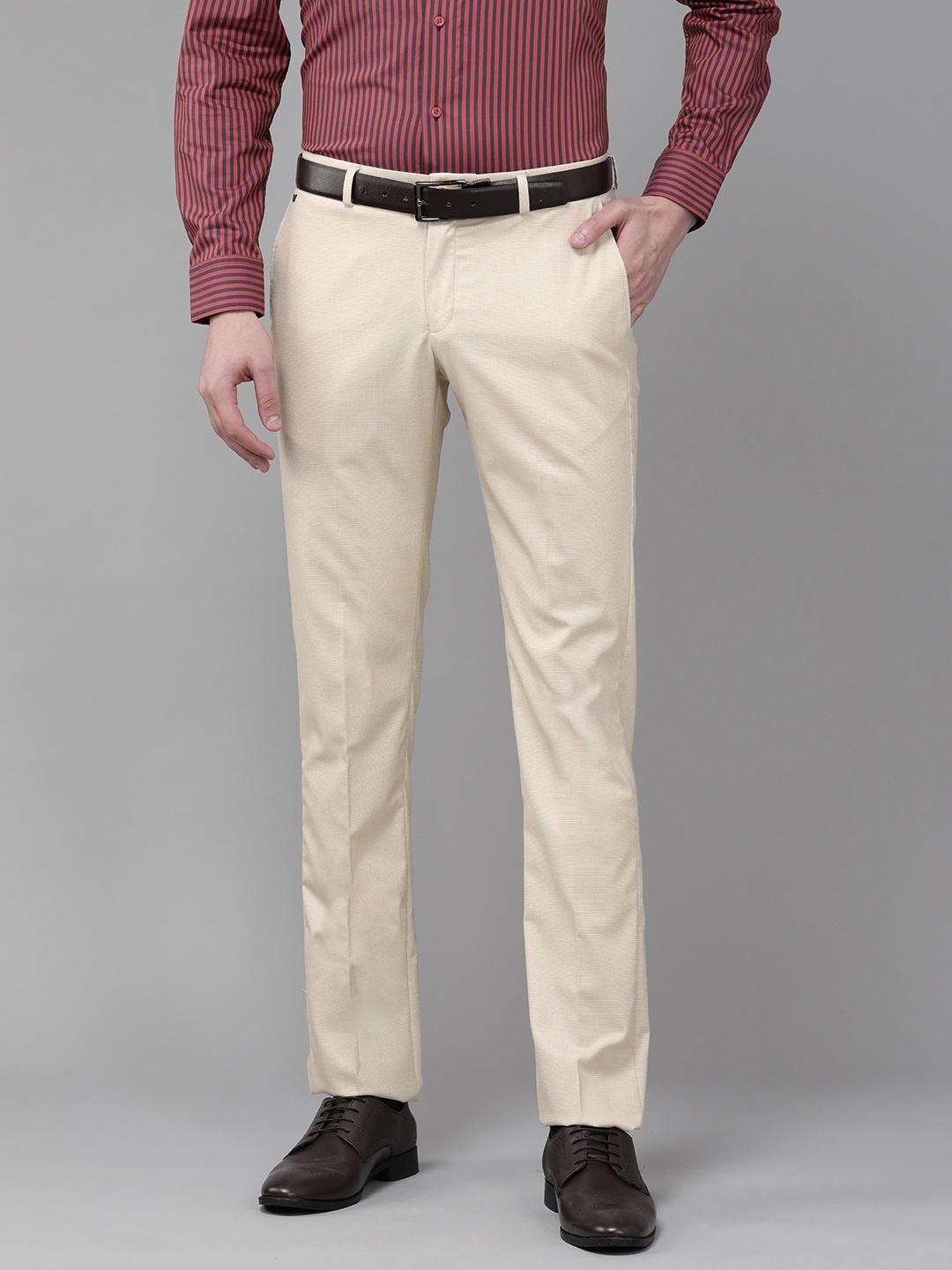 

Blackberrys Men Beige Self-Design Slim Fit Trousers