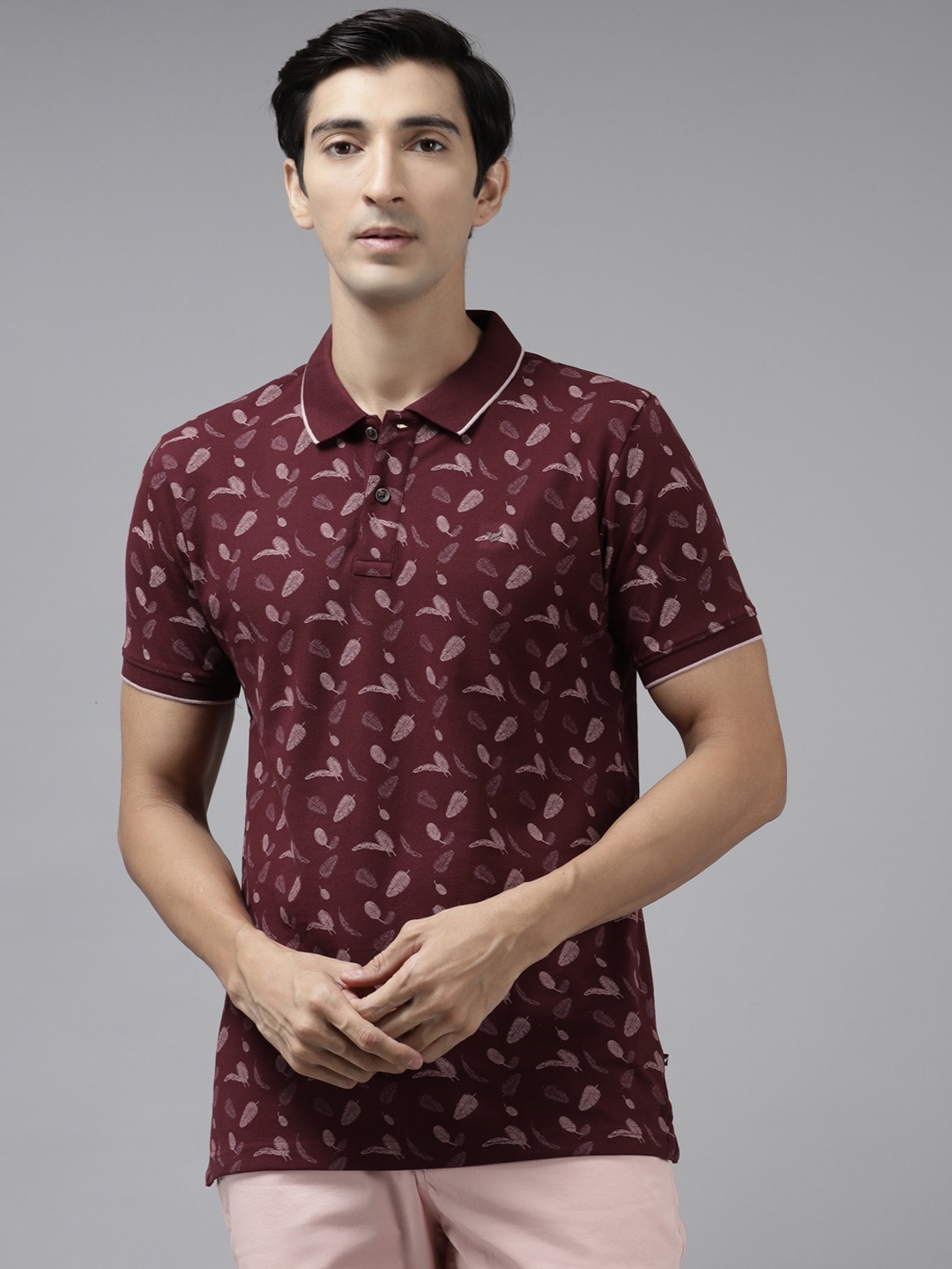 

Blackberrys Men Maroon & Beige Floral Printed Polo Collar T-shirt