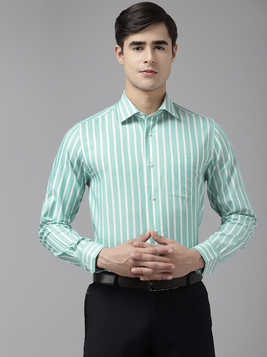 

Blackberrys Men Green & White Pure Cotton Slim Fit Striped Formal Shirt