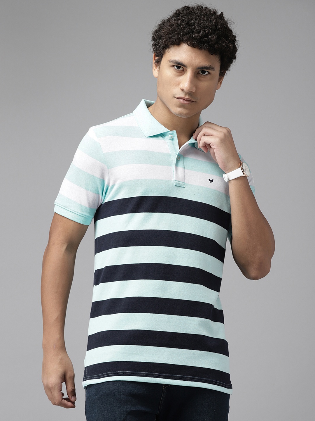 

Blackberrys Men Blue & White Striped Polo Collar T-shirt