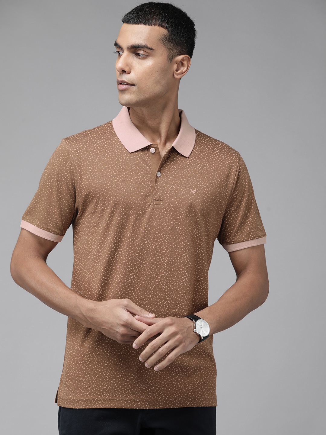 

Blackberrys Men Brown Abstract Printed Polo Collar Pure Cotton T-shirt