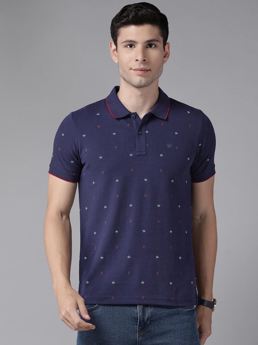 

Blackberrys Men Blue Floral Print Polo Collar Slim Fit T-shirt