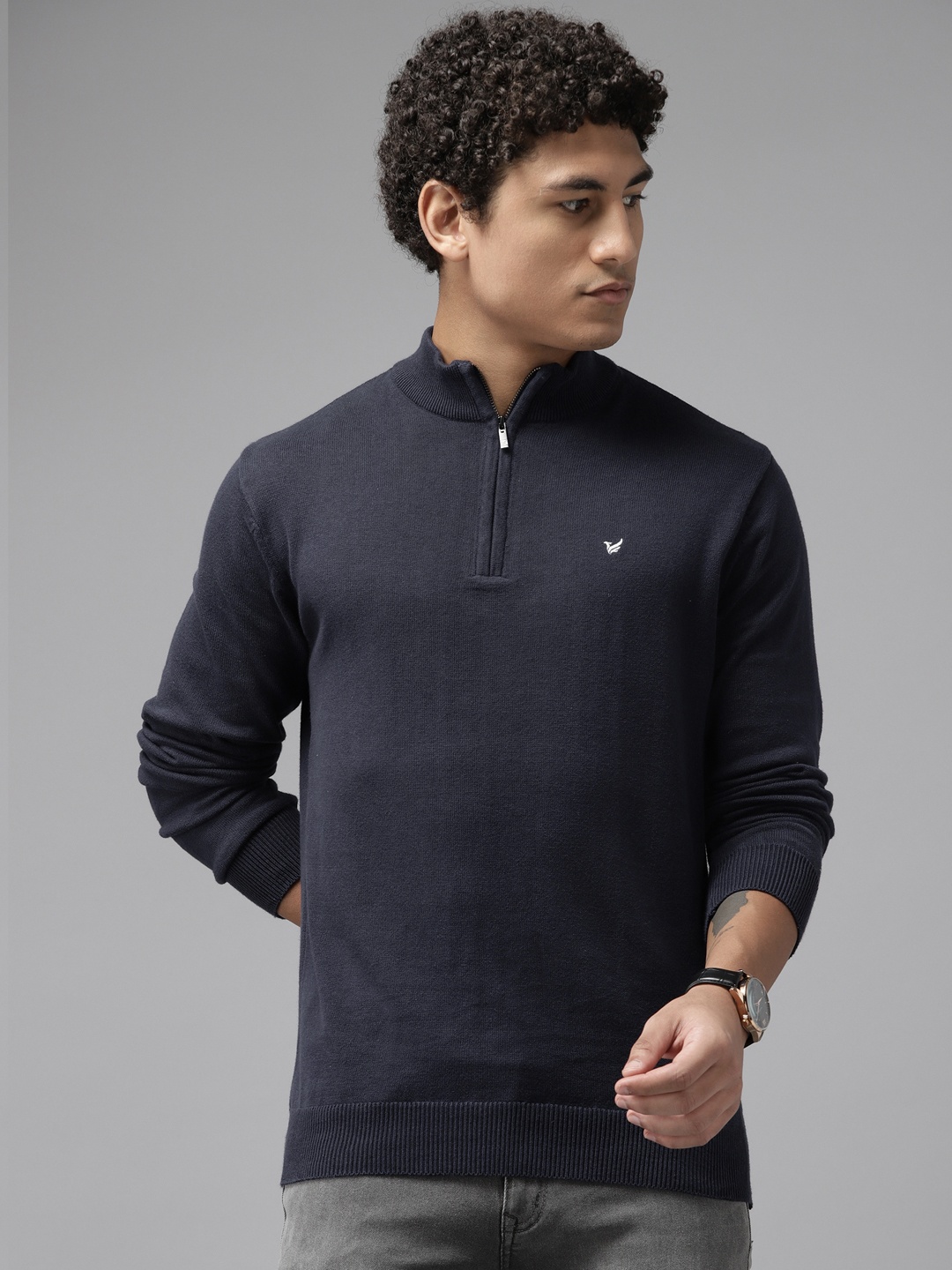 

Blackberrys Men Navy Blue Cotton Half-Zipper Pullover