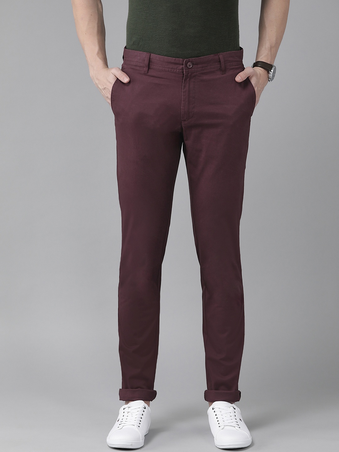 

Blackberrys Men Textured Skinny Fit Trousers, Burgundy