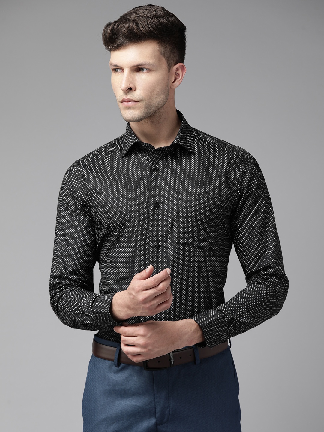 

Blackberrys Men Black Slim Fit Micro Checks Printed Formal Shirt
