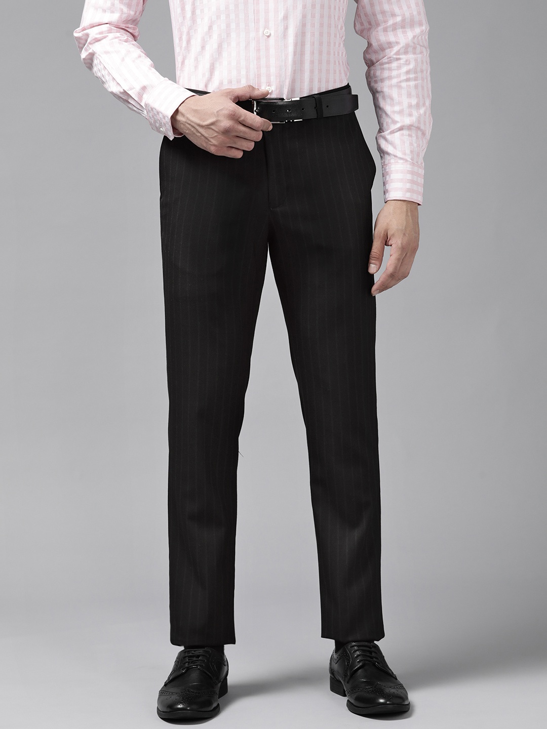 

Blackberrys Men Black Self-Striped Lean Fit Trousers