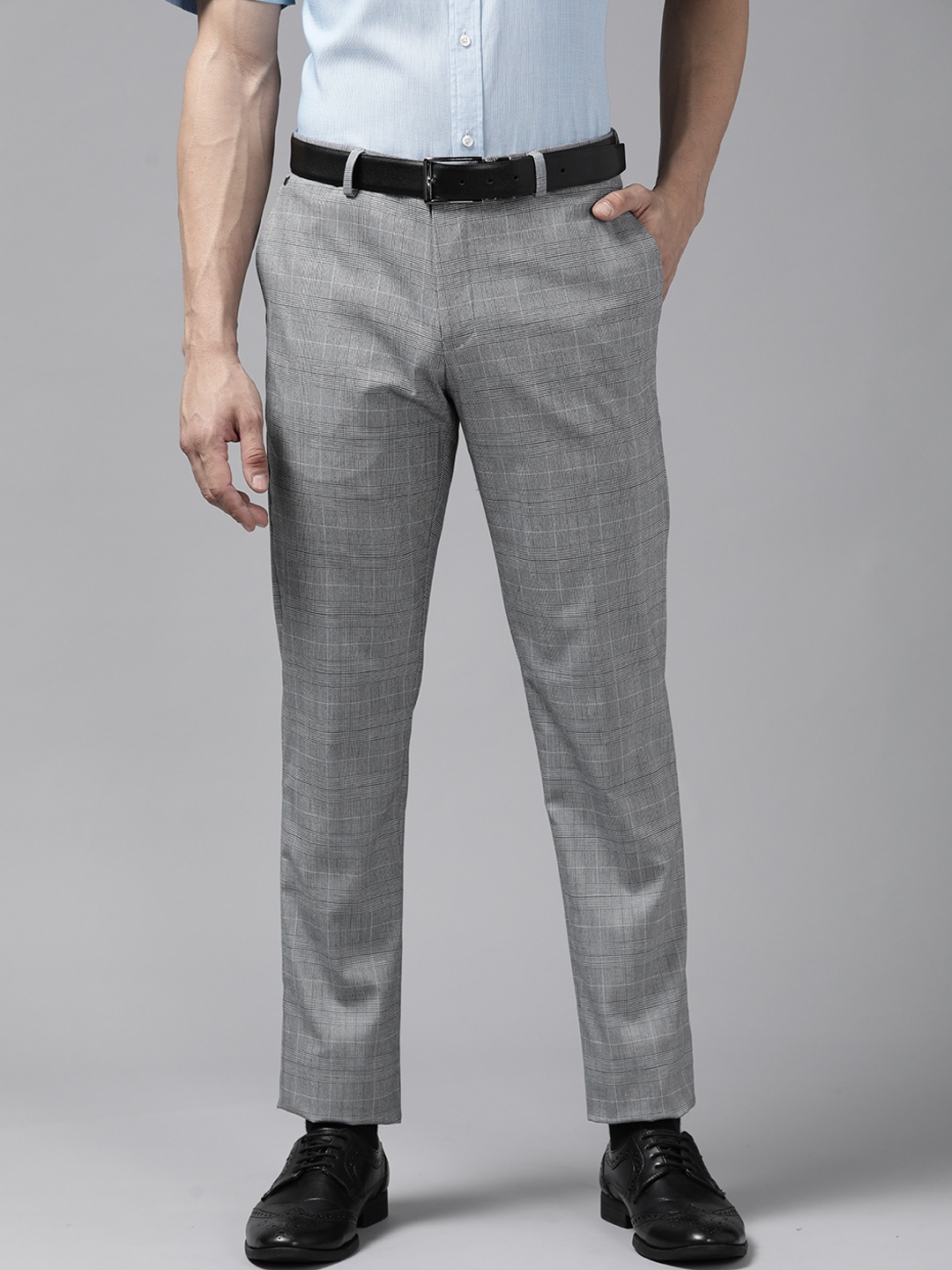 

Blackberrys Men Grey & Navy Blue Checked Slim Fit Trousers