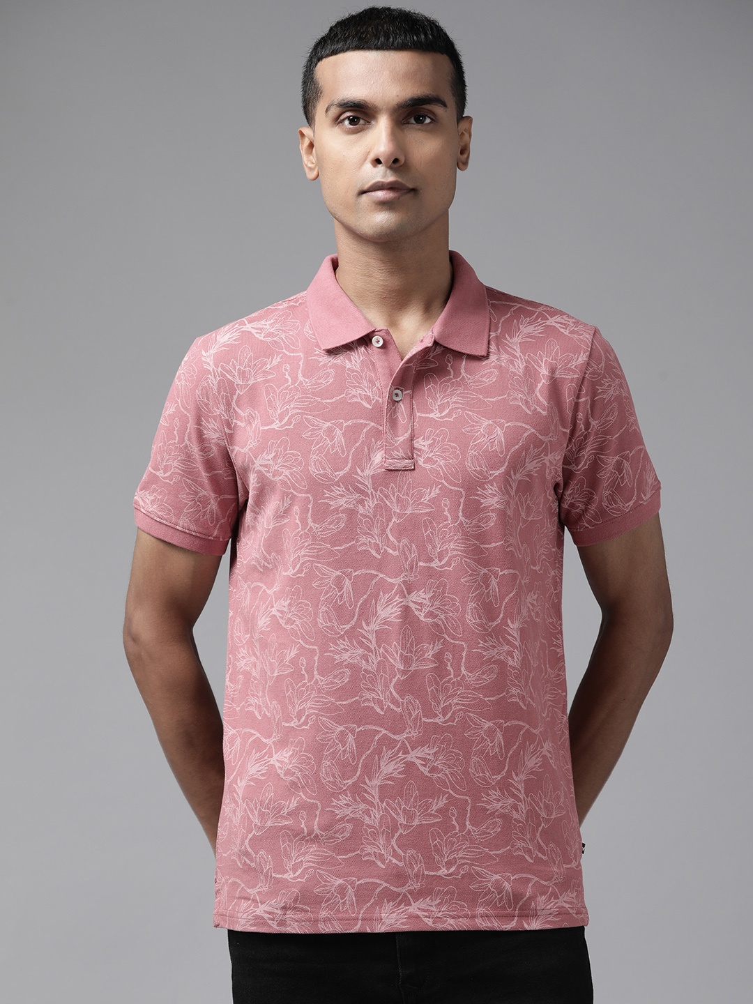 

Blackberrys Men Pink Floral Print Polo Collar Slim Fit T-shirt