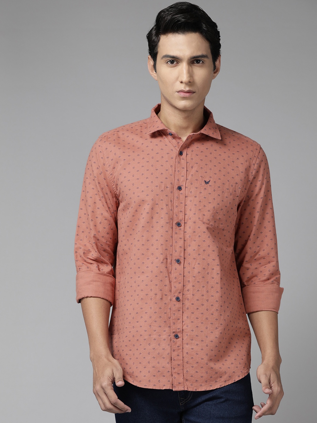

Blackberrys Men Cotton Linen Slim Fit Printed Casual Shirt, Rust