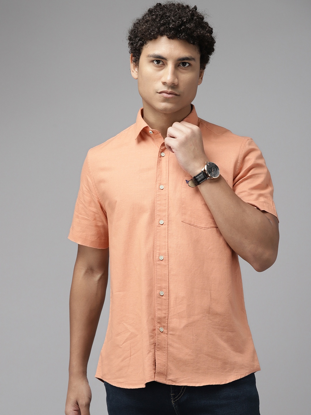 

Blackberrys Men Peach-Coloured Cotton Linen Slim Fit Casual Shirt