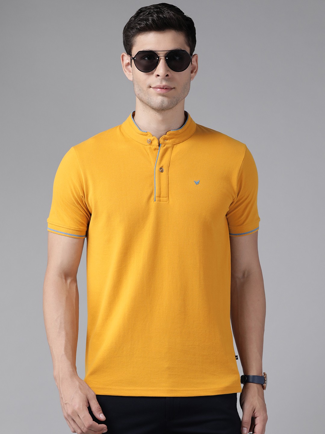 

Blackberrys Men Mustard Yellow Mandarin Collar T-shirt