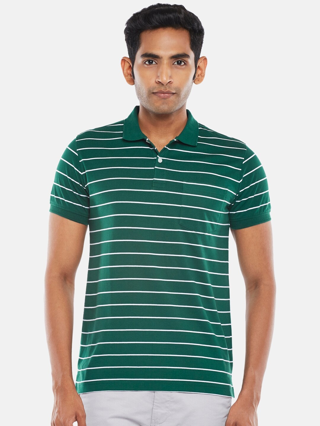 

BYFORD by Pantaloons Men Green Striped Polo Collar Slim Fit T-shirt