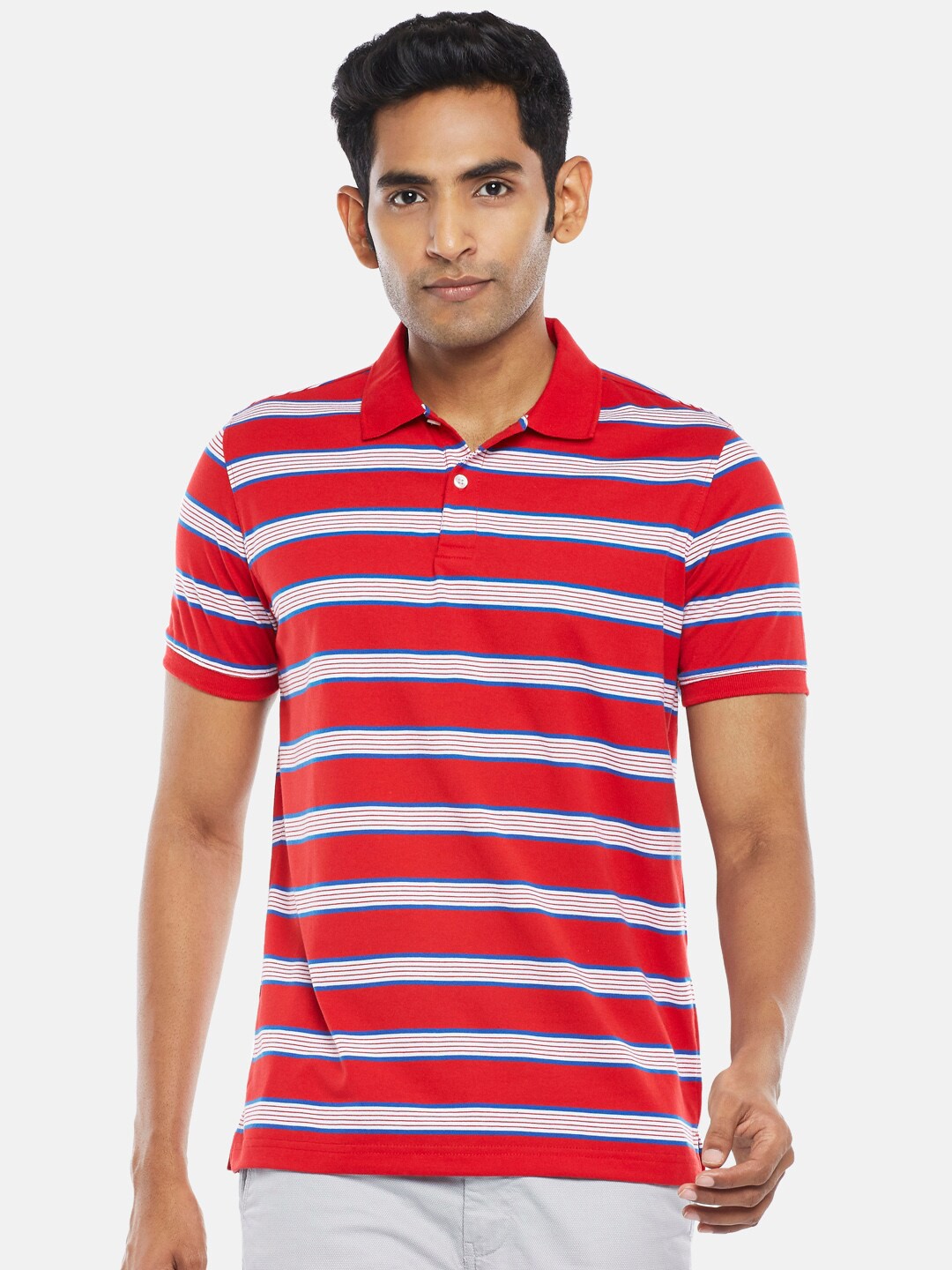 

BYFORD by Pantaloons Men Red & White Striped Polo Collar Slim Fit T-shirt
