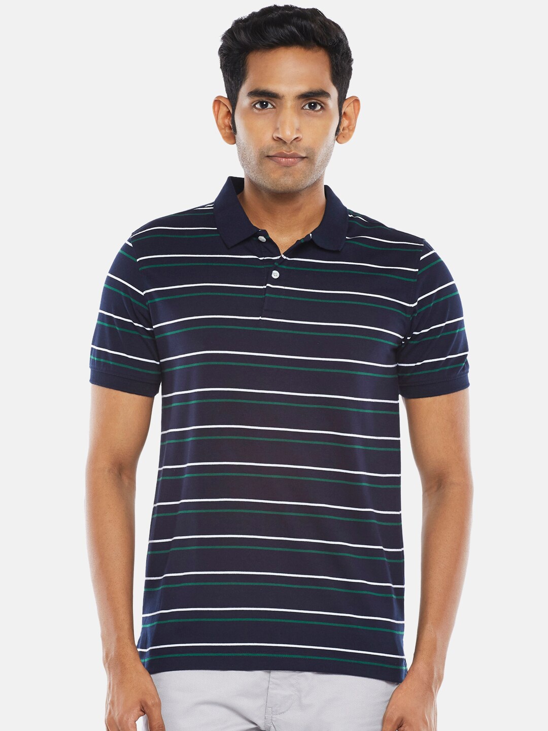 

BYFORD by Pantaloons Men Blue & White Striped Polo Collar Slim Fit T-shirt