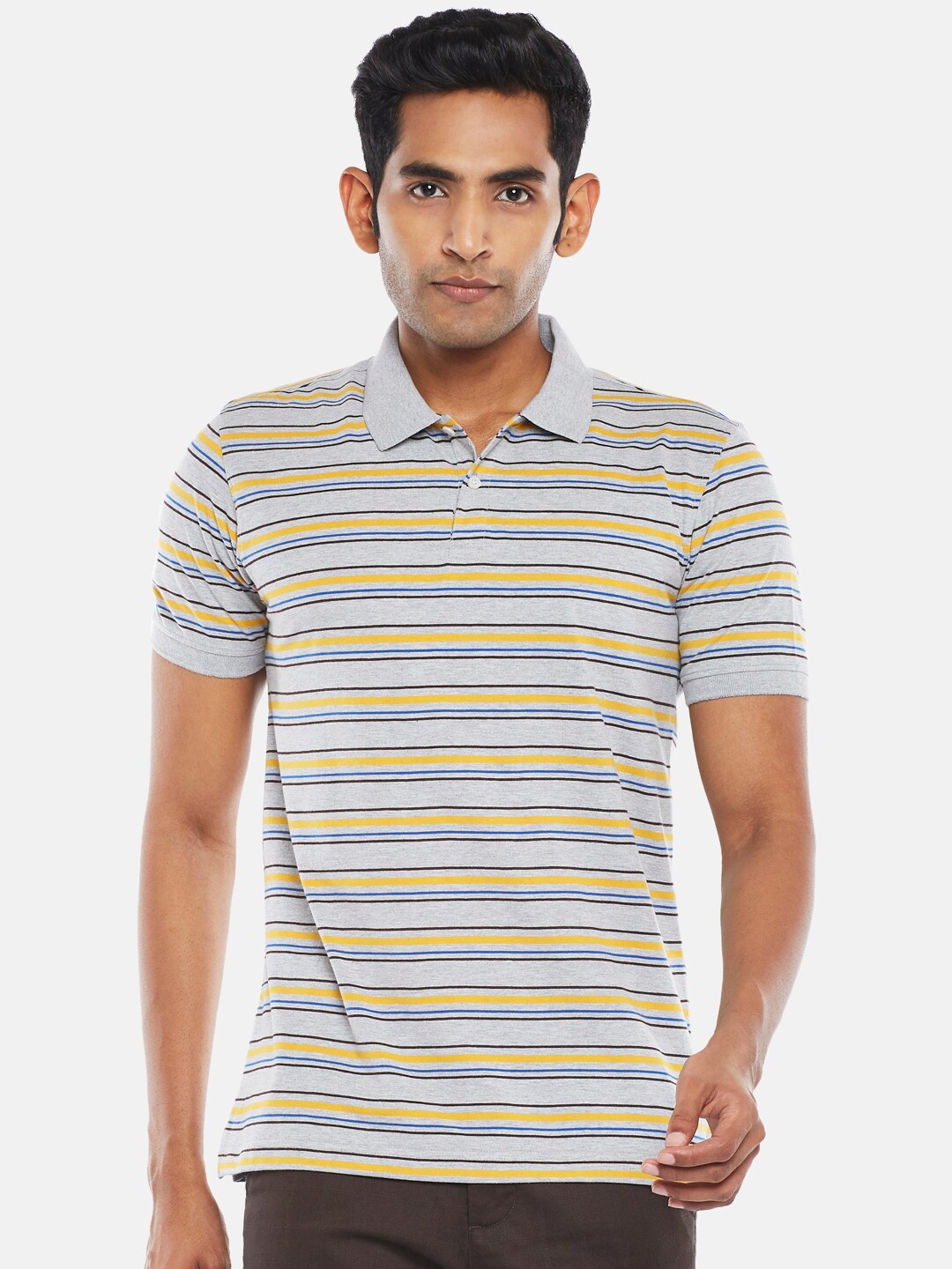 

BYFORD by Pantaloons Men Grey Melange Striped Polo Collar Slim Fit T-shirt