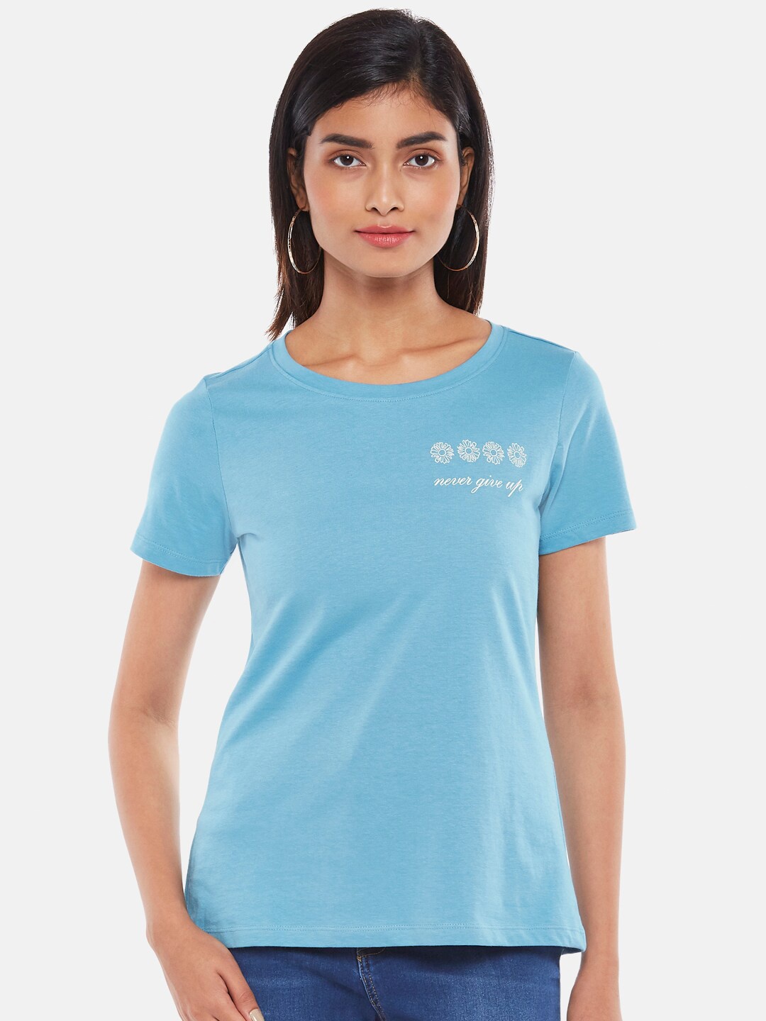 

Honey by Pantaloons Women Blue Typography Printed Cotton T-shirt