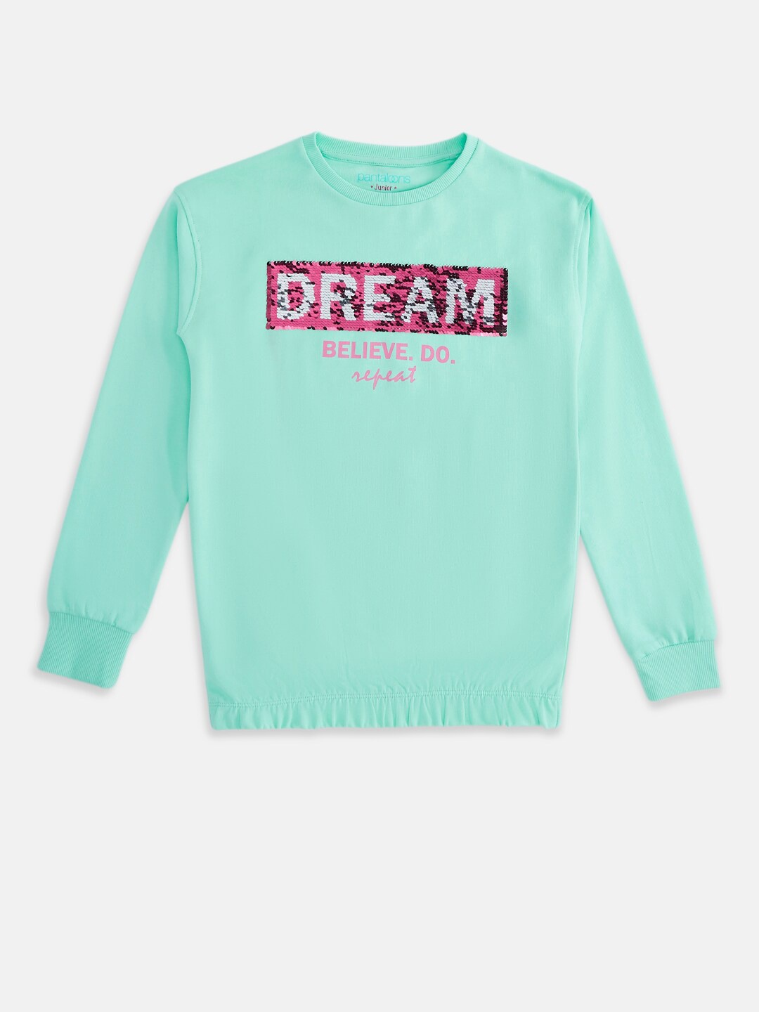 

Pantaloons Junior Girls Teal & Sequined Pink Typography Printed T-shirt