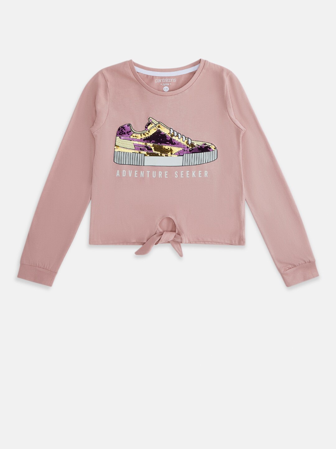 

Pantaloons Junior Girls Pink Printed V-Neck Applique T-shirt