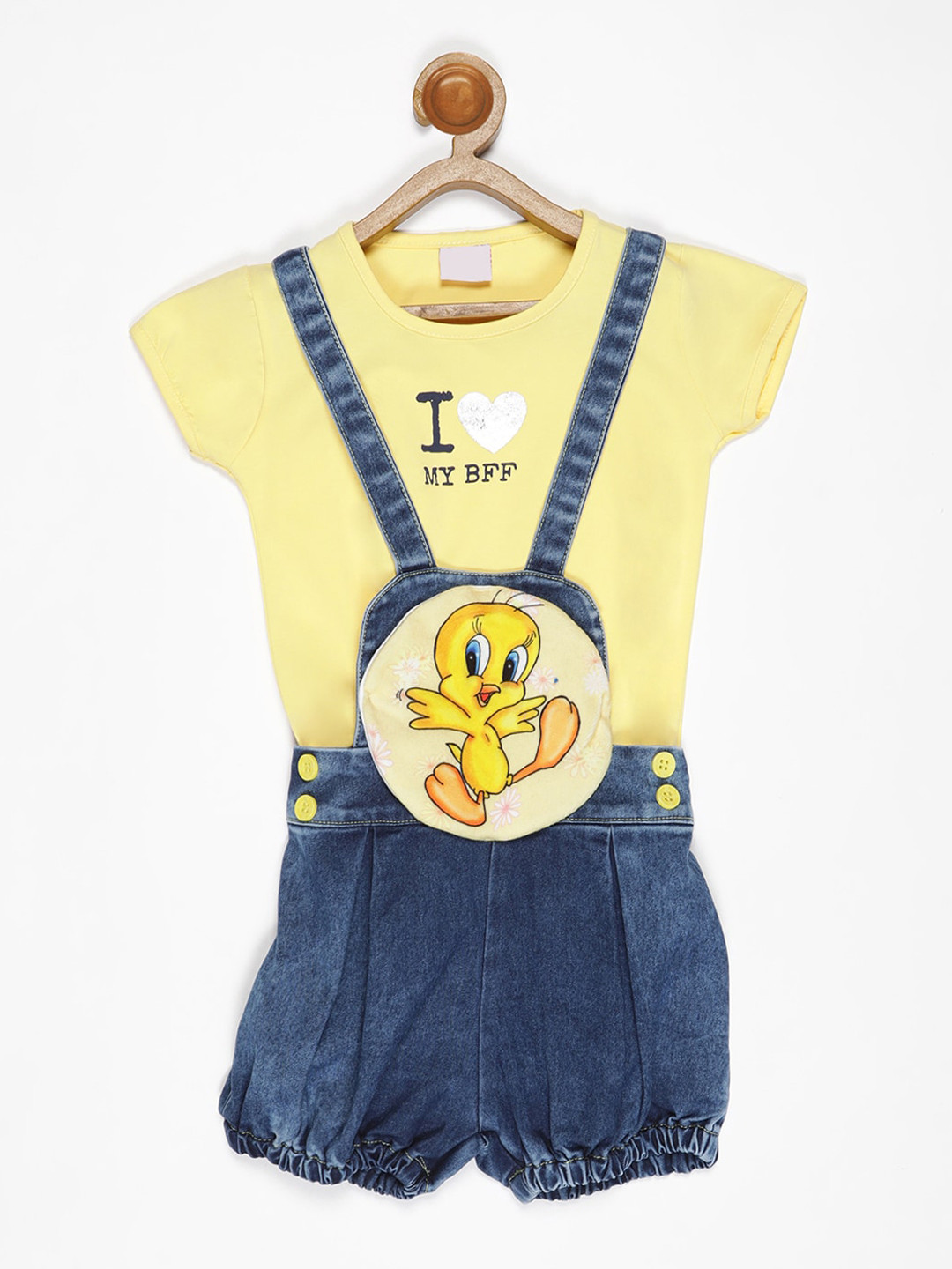 

V2 Value & Variety Girls Yellow & Blue Printed Cotton Dungarees With T-Shirt