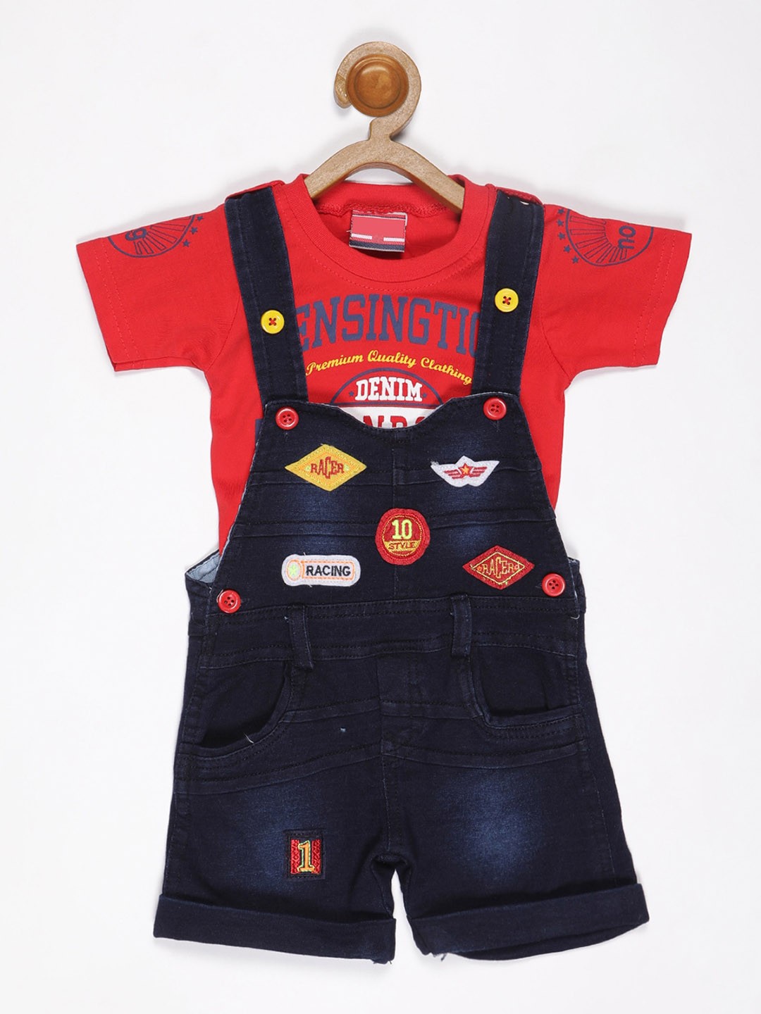 

V2 Value & Variety Infant Boys Blue & Red Printed Cotton Dungaree