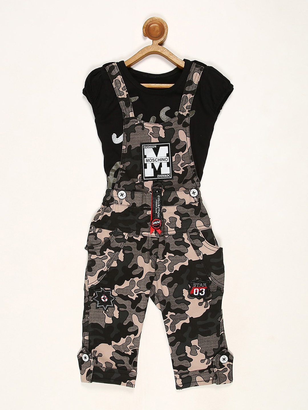 

V2 Value & Variety Girls Black Printed Cotton Dungarees