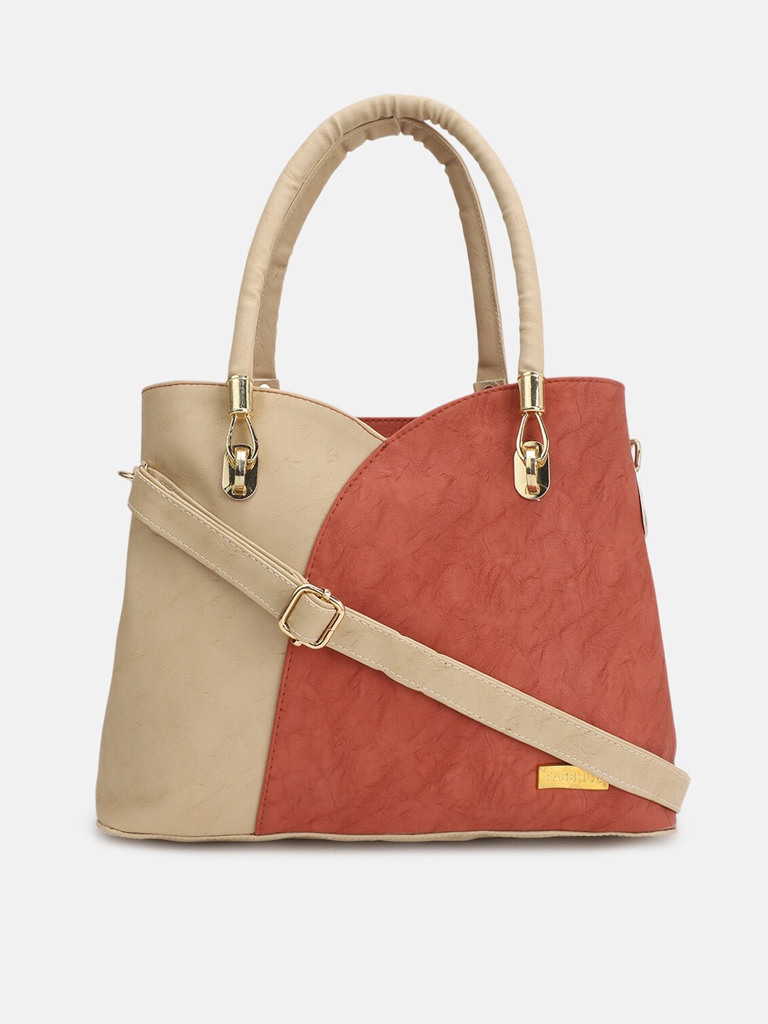 

FABBHUE Beige & Brown Colourblocked Structured Handheld Bag