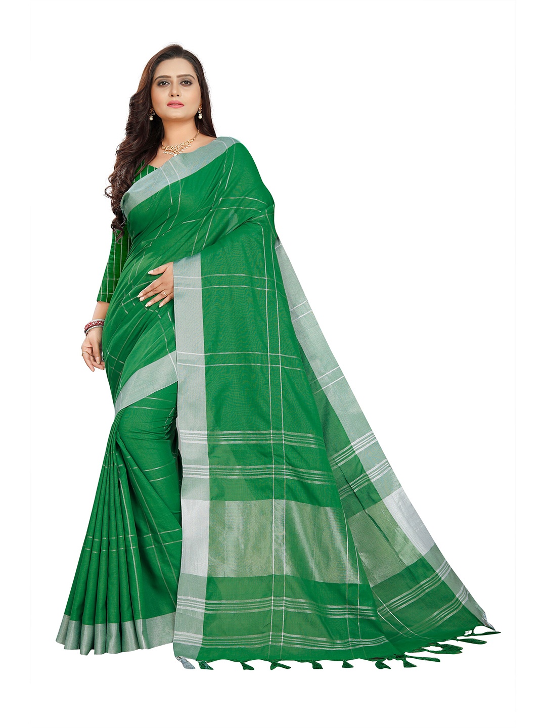 

DITISA FASHION Green & Silver-Toned Checked Zari Linen Blend Saree