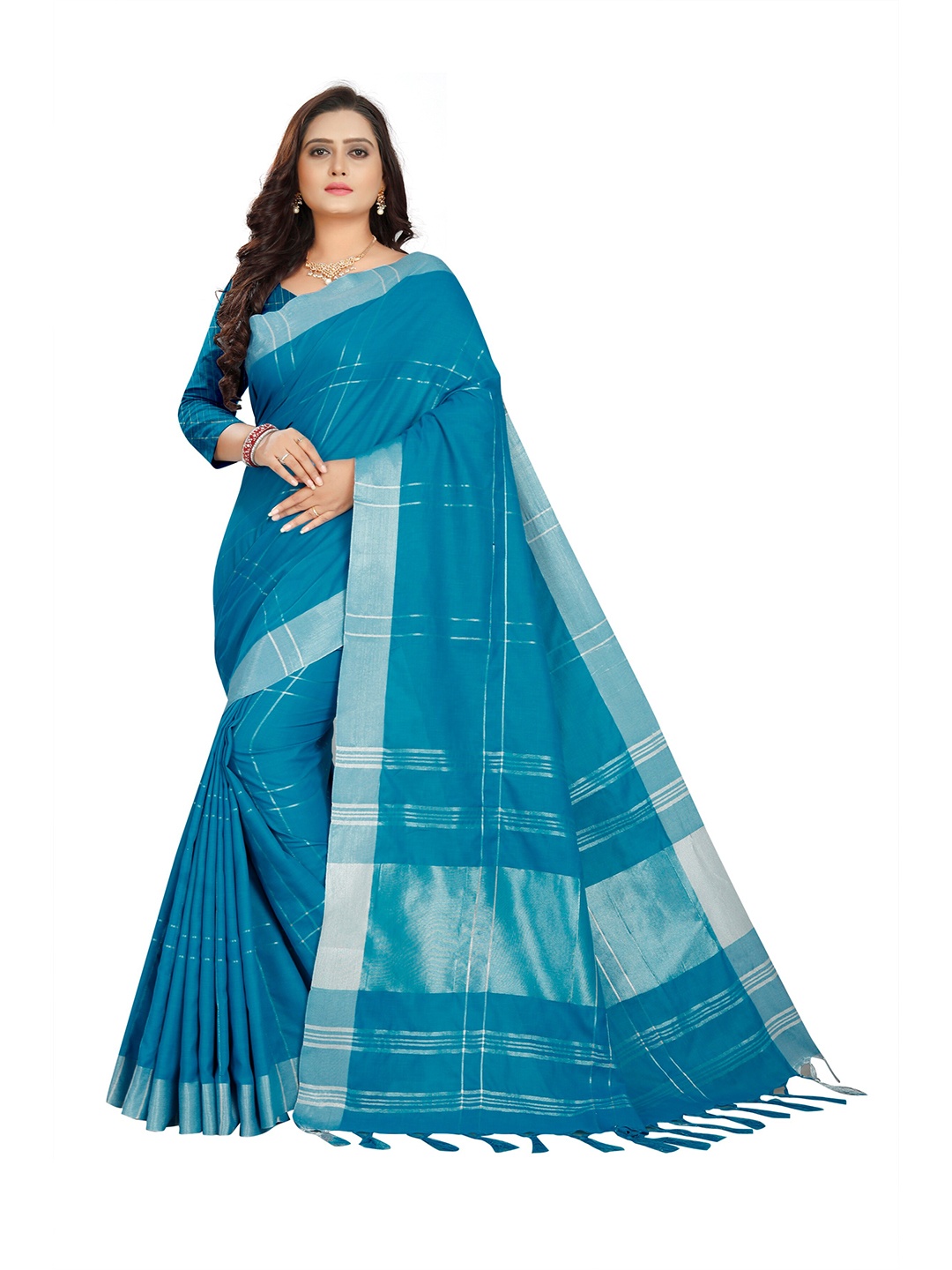 

DITISA FASHION Turquoise Blue & Silver-Toned Checked Zari Linen Blend Block Print Saree