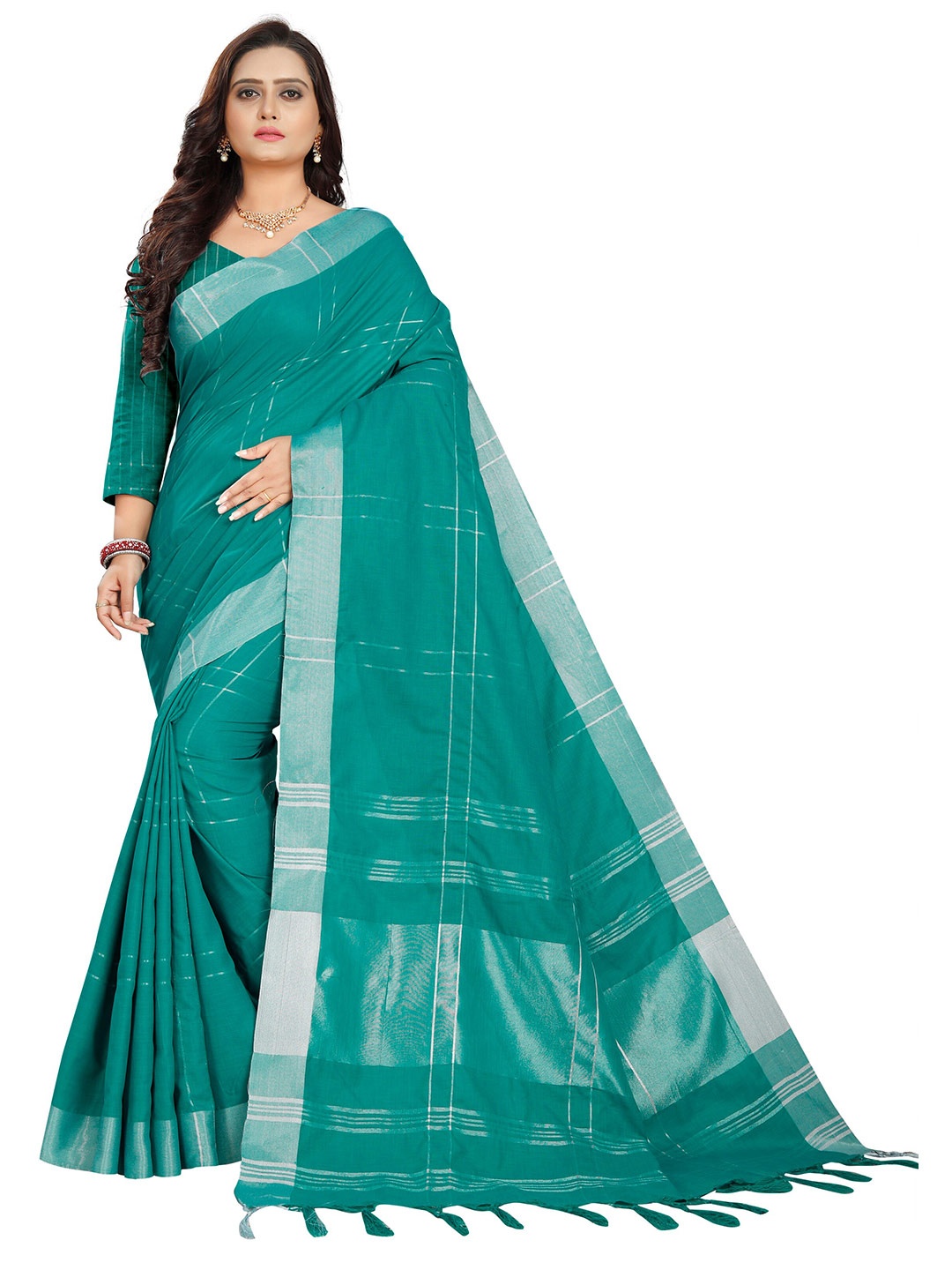 

DITISA FASHION Turquoise Blue & Silver-Toned Checked Zari Linen Blend Block Print Saree