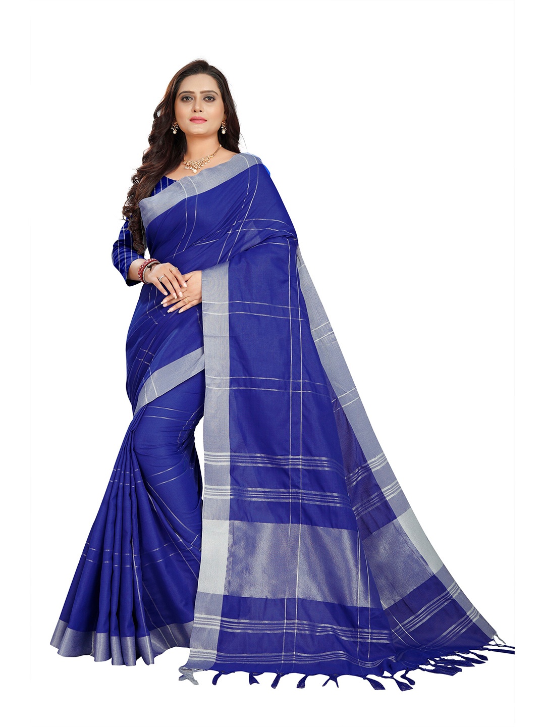 

DITISA FASHION Blue & Silver-Toned Checked Zari Linen Blend Saree